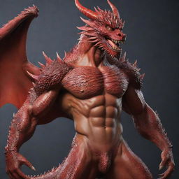 Re-render the image of the handsome Korean-style dragon-man hybrid, ensuring a full-body representation. Showcase his strong physique covered with fiery red scales, dragon wings, and his captivating human facial features.