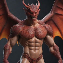 Re-render the image of the handsome Korean-style dragon-man hybrid, ensuring a full-body representation. Showcase his strong physique covered with fiery red scales, dragon wings, and his captivating human facial features.