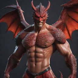 Re-render the image of the handsome Korean-style dragon-man hybrid, ensuring a full-body representation. Showcase his strong physique covered with fiery red scales, dragon wings, and his captivating human facial features.