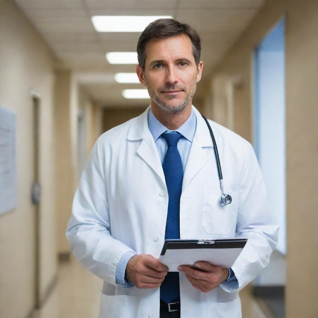 A professional doctor standing in a brightly lit hospital hallway, donning a white coat with a stethoscope around his neck, and holding a medical chart