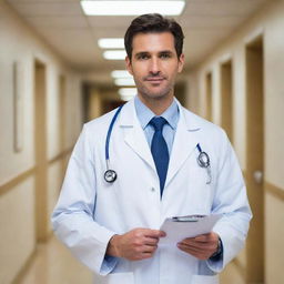 A professional doctor standing in a brightly lit hospital hallway, donning a white coat with a stethoscope around his neck, and holding a medical chart