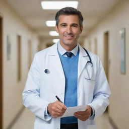 A professional doctor standing in a brightly lit hospital hallway, donning a white coat with a stethoscope around his neck, and holding a medical chart