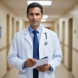 A professional doctor standing in a brightly lit hospital hallway, donning a white coat with a stethoscope around his neck, and holding a medical chart