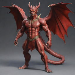 Revise the full body image of the handsome Korean-style dragon-man hybrid, removing the wings and horns. Retain his strong physique, red scales, and human facial features while providing him a simplified and more humanised appearance.