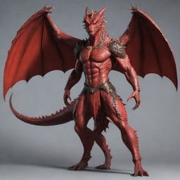 Revise the full body image of the handsome Korean-style dragon-man hybrid, removing the wings and horns. Retain his strong physique, red scales, and human facial features while providing him a simplified and more humanised appearance.