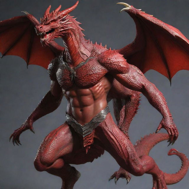 Revise the full body image of the handsome Korean-style dragon-man hybrid, removing the wings and horns. Retain his strong physique, red scales, and human facial features while providing him a simplified and more humanised appearance.