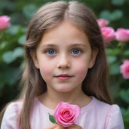 A young girl, her eyes filled with wonder, delicately holding a vibrant pink rose