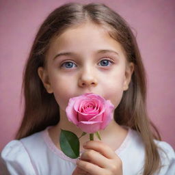 A young girl, her eyes filled with wonder, delicately holding a vibrant pink rose