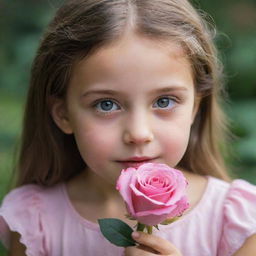 A young girl, her eyes filled with wonder, delicately holding a vibrant pink rose