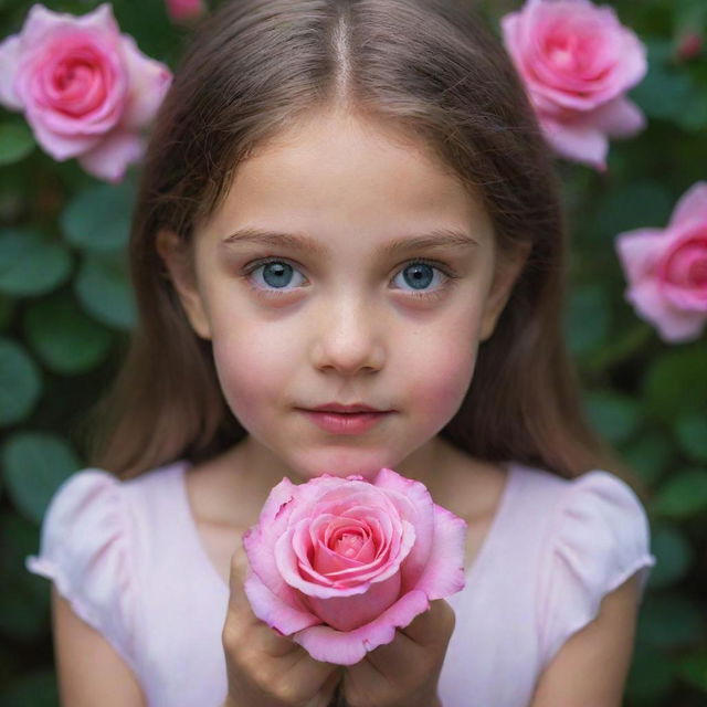 A young girl, her eyes filled with wonder, delicately holding a vibrant pink rose