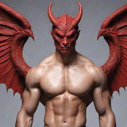 Redesign the handsome dragon-man hybrid image by taking away the wings and horns. Keep the strong muscular physique, vibrant fiery red scales, and emphasise the uniquely attractive Korean human facial features.