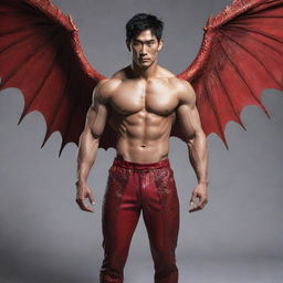 Redesign the handsome dragon-man hybrid image by taking away the wings and horns. Keep the strong muscular physique, vibrant fiery red scales, and emphasise the uniquely attractive Korean human facial features.