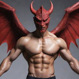 Redesign the handsome dragon-man hybrid image by taking away the wings and horns. Keep the strong muscular physique, vibrant fiery red scales, and emphasise the uniquely attractive Korean human facial features.