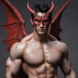 Redesign the handsome dragon-man hybrid image by taking away the wings and horns. Keep the strong muscular physique, vibrant fiery red scales, and emphasise the uniquely attractive Korean human facial features.