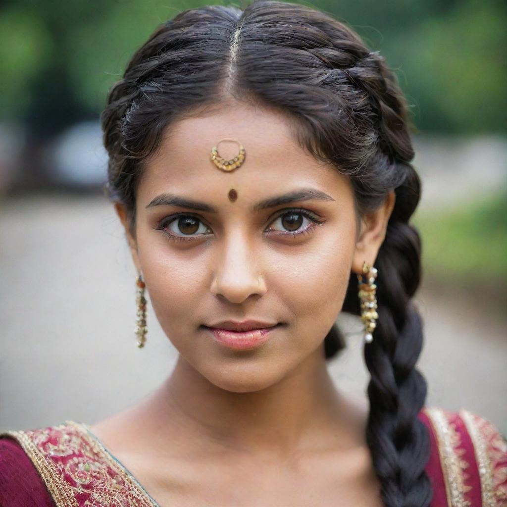 A beautiful Indian girl with radiant eyes and an elaborate half-side braided hairstyle