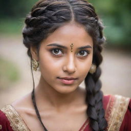 A beautiful Indian girl with radiant eyes and an elaborate half-side braided hairstyle