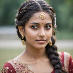 A beautiful Indian girl with radiant eyes and an elaborate half-side braided hairstyle