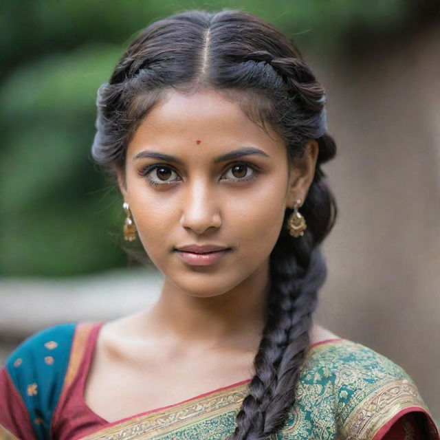 A beautiful Indian girl with radiant eyes and an elaborate half-side braided hairstyle