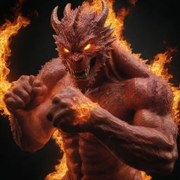 Modify the image of the dragon-man hybrid, displaying one of his fists engulfed in fire, capturing the moment as he clenches it tightly. Express the intensity through the fiery glow illuminating his determined face.