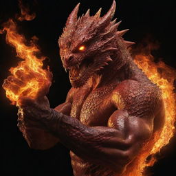 Modify the image of the dragon-man hybrid, displaying one of his fists engulfed in fire, capturing the moment as he clenches it tightly. Express the intensity through the fiery glow illuminating his determined face.