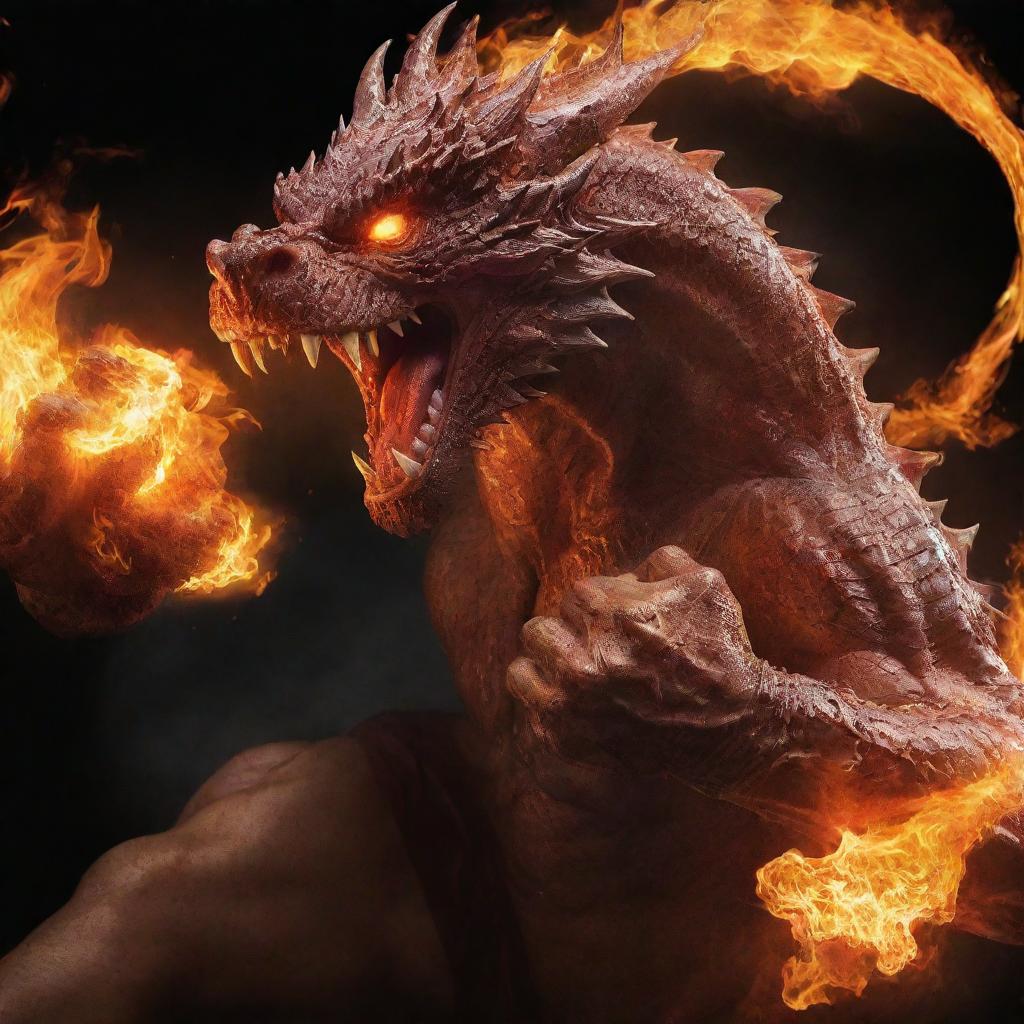 Modify the image of the dragon-man hybrid, displaying one of his fists engulfed in fire, capturing the moment as he clenches it tightly. Express the intensity through the fiery glow illuminating his determined face.