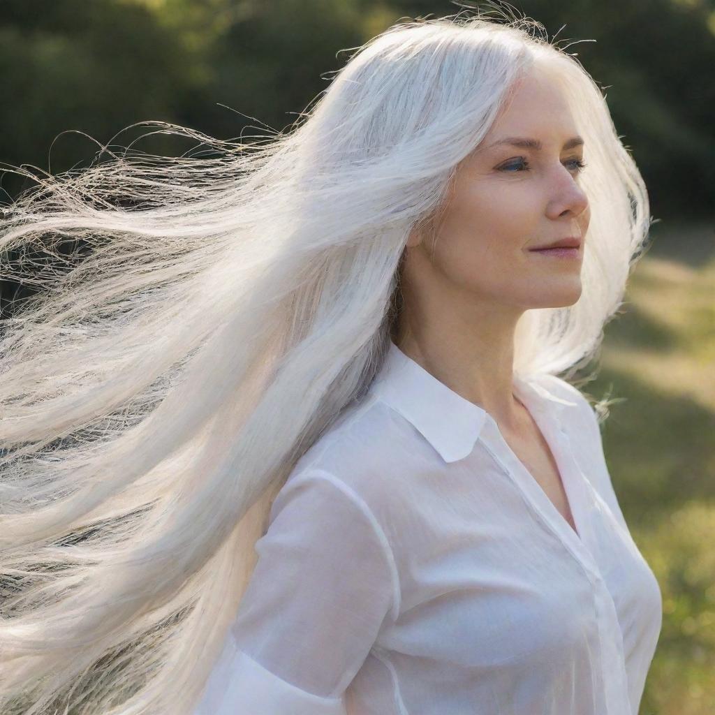 Portray a beautiful image of long, flowing white hair gently moving in the breeze