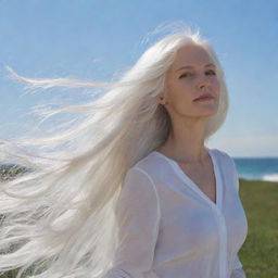 Portray a beautiful image of long, flowing white hair gently moving in the breeze