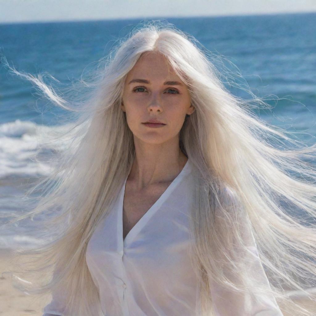 Portray a beautiful image of long, flowing white hair gently moving in the breeze