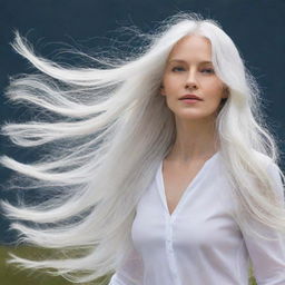 Portray a beautiful image of long, flowing white hair gently moving in the breeze