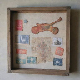 An old, rustic wooden piece embellished with vintage kits, displaying a sense of nostalgia.