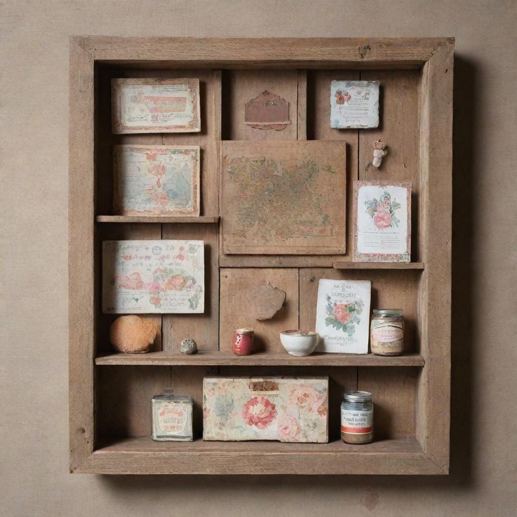 An old, rustic wooden piece embellished with vintage kits, displaying a sense of nostalgia.