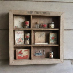 An old, rustic wooden piece embellished with vintage kits, displaying a sense of nostalgia.