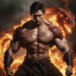 Revise the image of the dragon-man hybrid, enhancing his human characteristics. Minimize dragon-type features, spotlight his muscular human physique, handsome Korean face, and the one fist engulfed in fire, hinting at his extraordinary abilities.