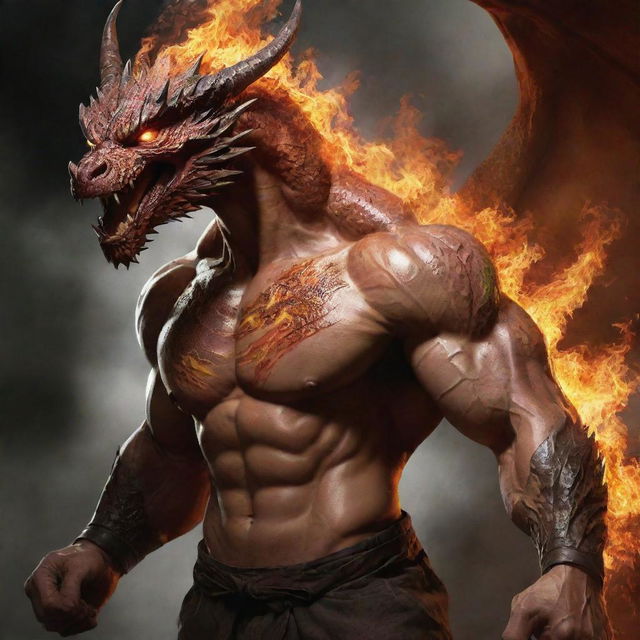 Revise the image of the dragon-man hybrid, enhancing his human characteristics. Minimize dragon-type features, spotlight his muscular human physique, handsome Korean face, and the one fist engulfed in fire, hinting at his extraordinary abilities.