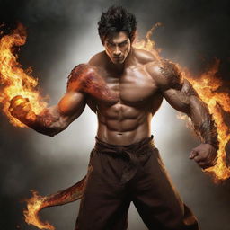 Revise the image of the dragon-man hybrid, enhancing his human characteristics. Minimize dragon-type features, spotlight his muscular human physique, handsome Korean face, and the one fist engulfed in fire, hinting at his extraordinary abilities.