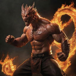 Revise the image of the dragon-man hybrid, enhancing his human characteristics. Minimize dragon-type features, spotlight his muscular human physique, handsome Korean face, and the one fist engulfed in fire, hinting at his extraordinary abilities.