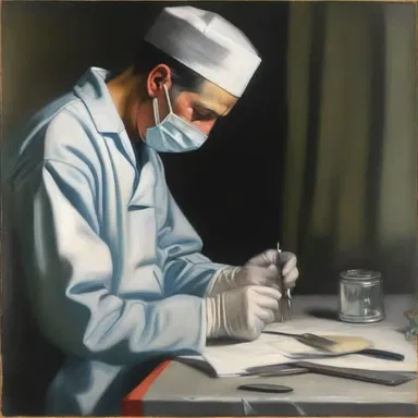 The artist meticulously depicted a surgeon using a silver curet to delicately remove tissue in the painting.