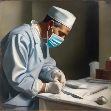 The artist meticulously depicted a surgeon using a silver curet to delicately remove tissue in the painting.