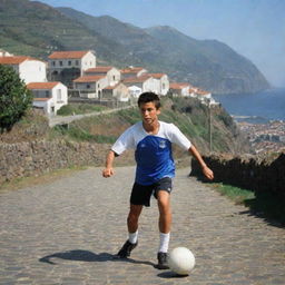 A young Cristiano Ronaldo playing street soccer in the scenic backdrop of Madeira, Portugal, showcasing his early passion with rustic homes and cobblestone streets around him.