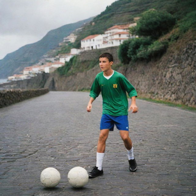 A young Cristiano Ronaldo playing street soccer in the scenic backdrop of Madeira, Portugal, showcasing his early passion with rustic homes and cobblestone streets around him.