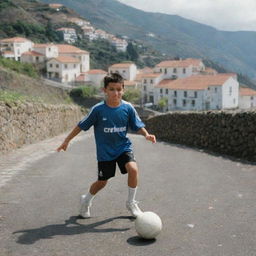 A young Cristiano Ronaldo playing street soccer in the scenic backdrop of Madeira, Portugal, showcasing his early passion with rustic homes and cobblestone streets around him.