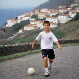 A young Cristiano Ronaldo playing street soccer in the scenic backdrop of Madeira, Portugal, showcasing his early passion with rustic homes and cobblestone streets around him.