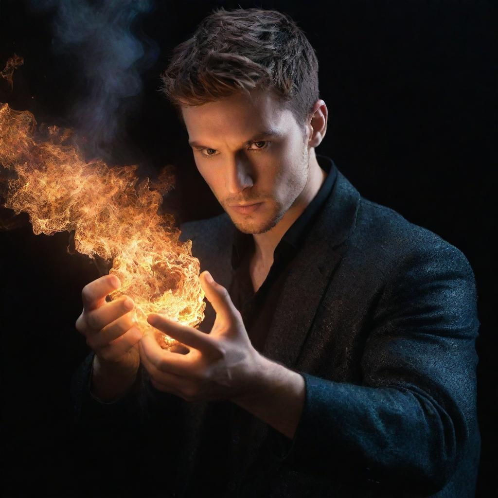 Alter the image of the handsome hybrid, adding a glowing, ethereal flake hovering above his fire-engulfed fist. This mystical object should emphasize his otherworldly powers and the richness of the scene.
