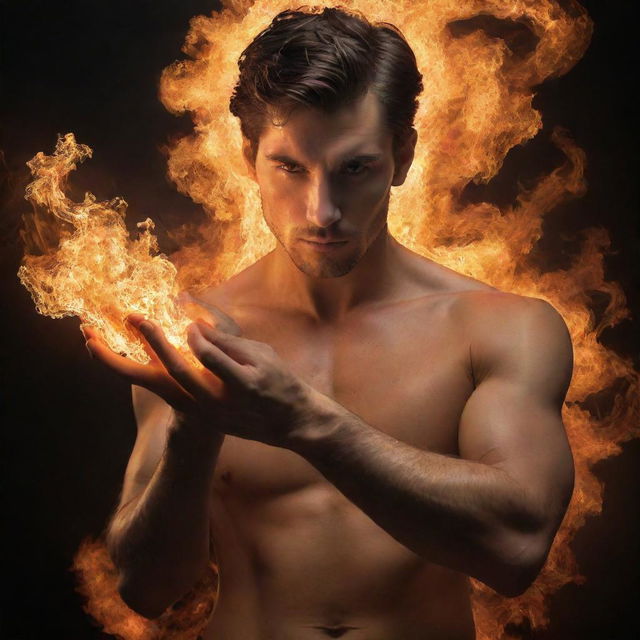 Alter the image of the handsome hybrid, adding a glowing, ethereal flake hovering above his fire-engulfed fist. This mystical object should emphasize his otherworldly powers and the richness of the scene.