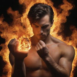 Alter the image of the handsome hybrid, adding a glowing, ethereal flake hovering above his fire-engulfed fist. This mystical object should emphasize his otherworldly powers and the richness of the scene.