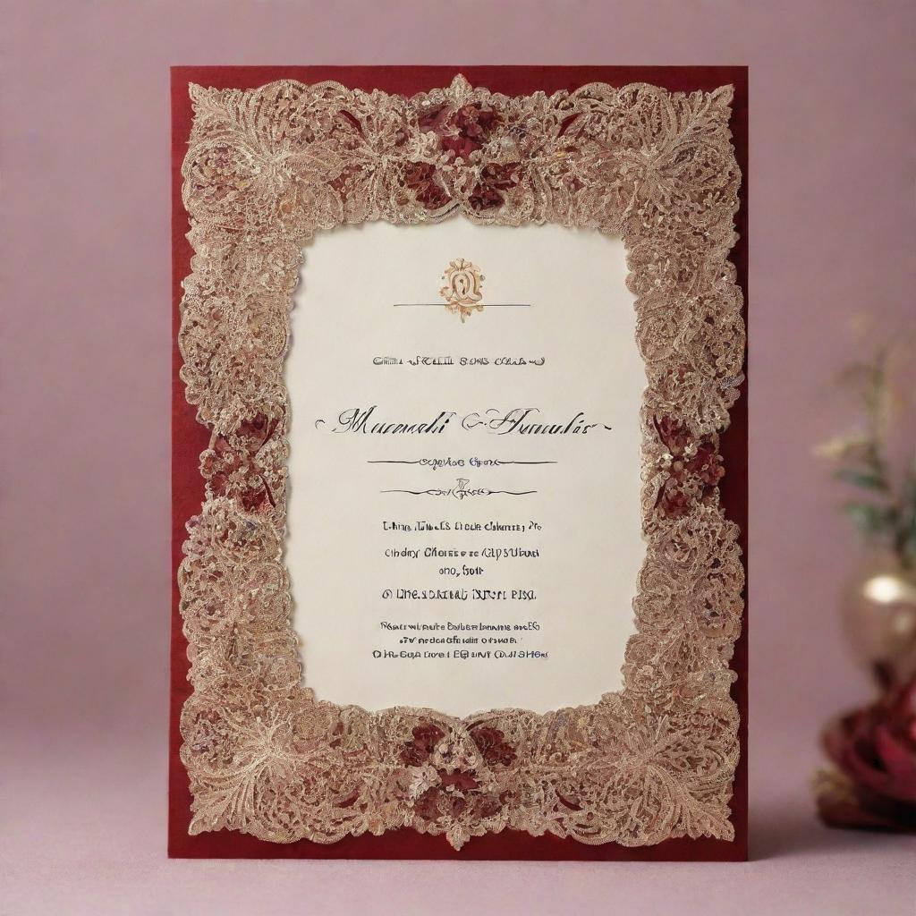 An elegant wedding invitation card for Muzamil Shabir. The card should signify the event which is to take place on 2nd February, at Tibbi Qaisrani. Include beautiful designs and warm colors.