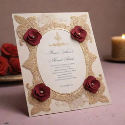 An elegant wedding invitation card for Muzamil Shabir. The card should signify the event which is to take place on 2nd February, at Tibbi Qaisrani. Include beautiful designs and warm colors.