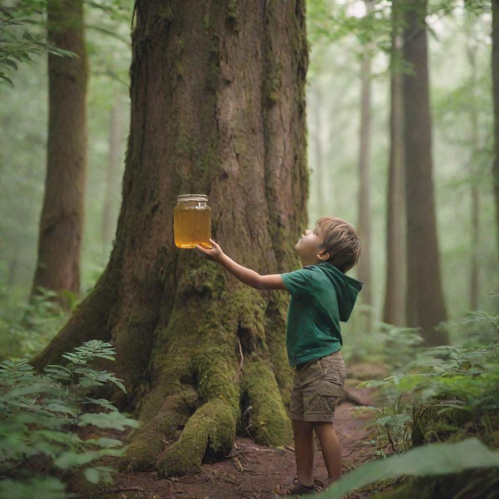 A child adventurously searching for honey in a dense forest, filled with lush greenery and towering trees, with a small jar in his hand.