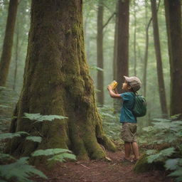 A child adventurously searching for honey in a dense forest, filled with lush greenery and towering trees, with a small jar in his hand.