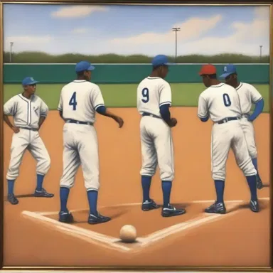 The painting depicted a baseball game with the players standing on the foul line.
